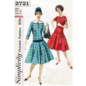 1960s Drop Waist Day Dress Pattern, Simplicity 2721, 36" Bust, Peter Pan Collar